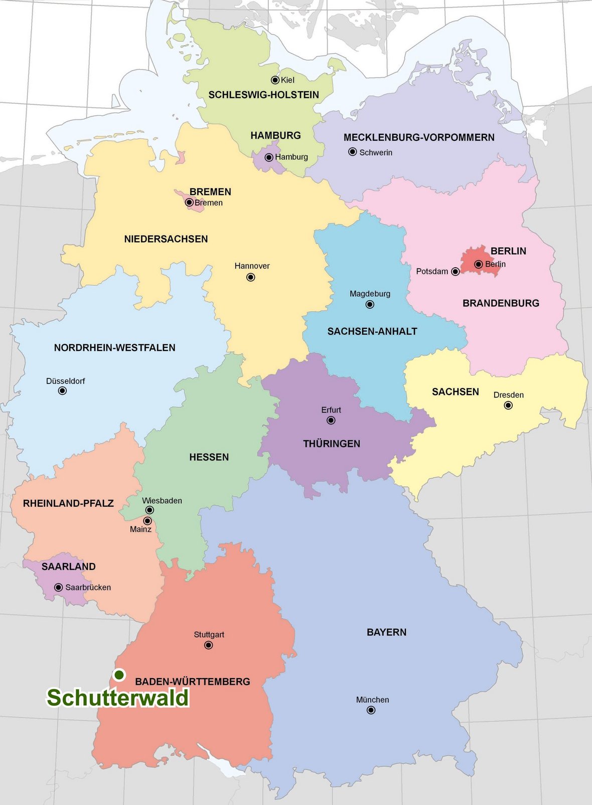 Karte Schutterwald KarteKarte von Deutschland mit den Bundesländern. Schutterwald in Baden-Württemberg ist markiert.